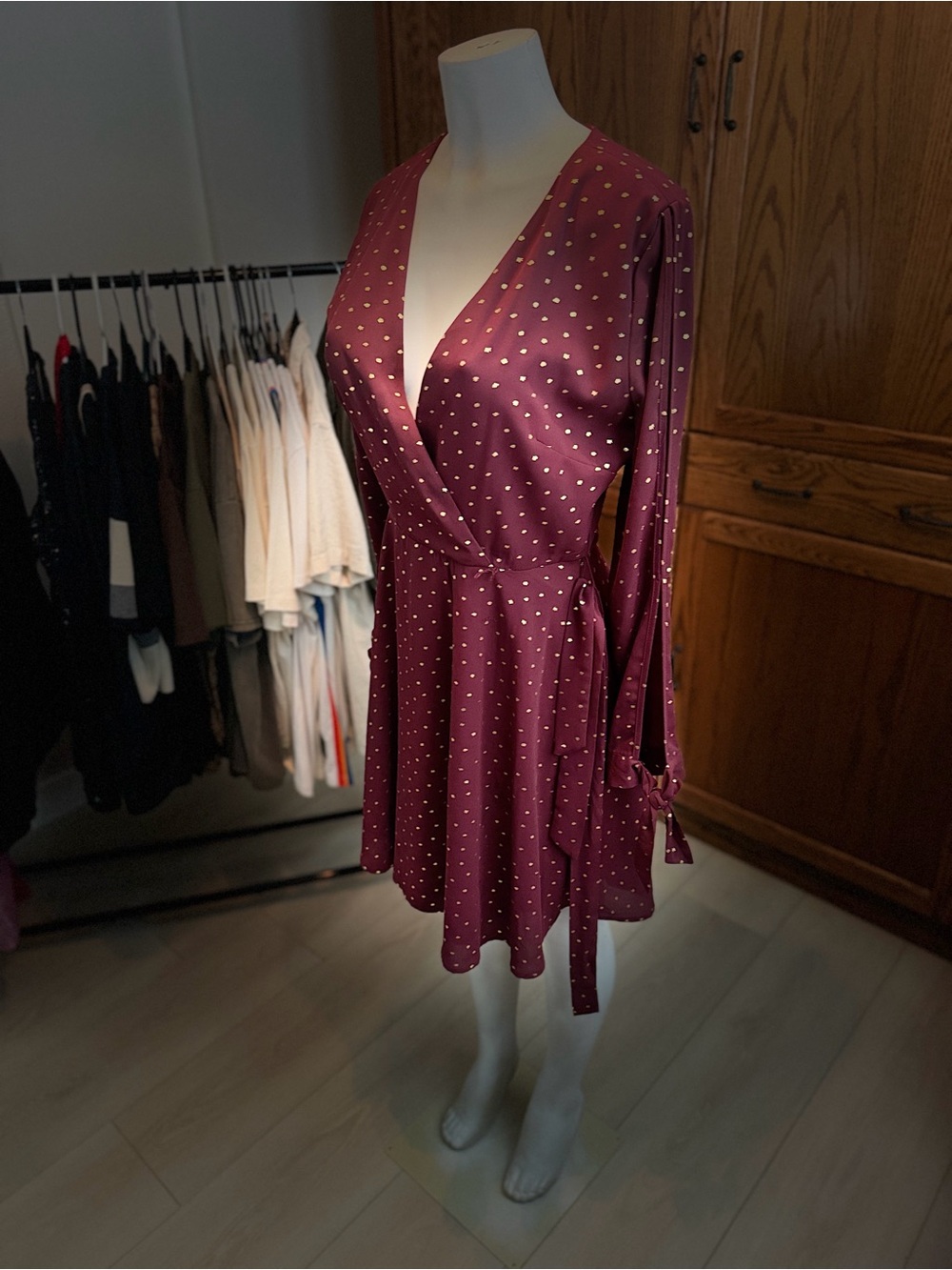Laundry By Shelli Segal Burgundy Polka Dot Wrap Mini Dress